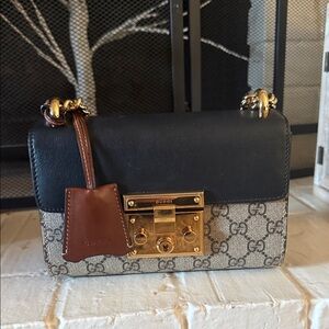 Gucci Black and Brown Crossbody Bag with Gold Accents